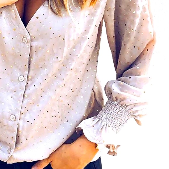 🍷V Neck Glitter Horn Sleeve Elastic Cuffs Woth Ruffle Sleeves Button Up Shirt - Picture 6 of 6